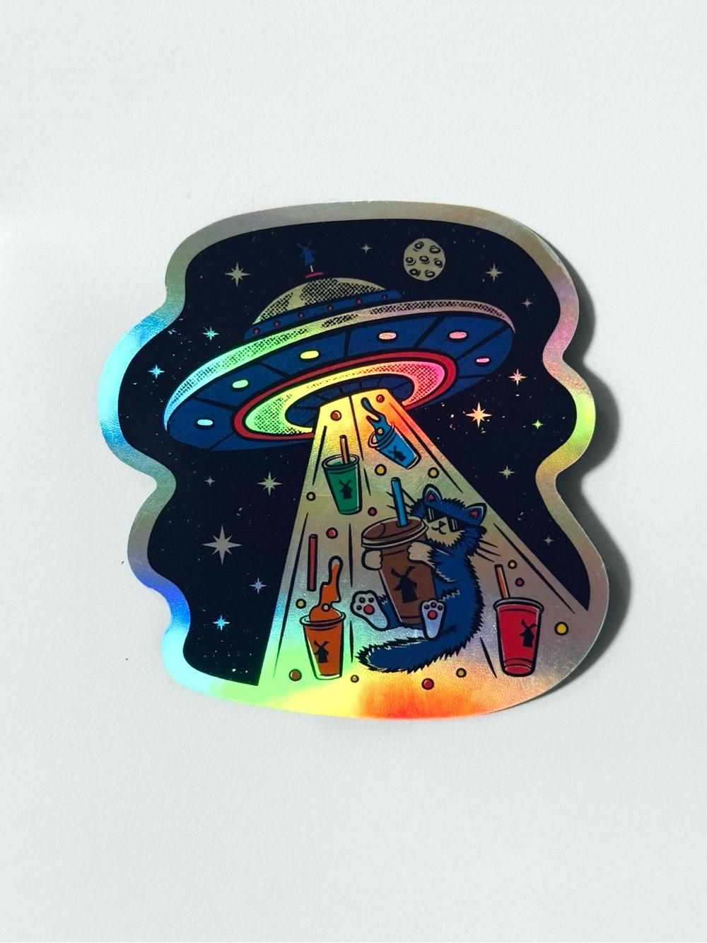 Dutch Bros - Holographic UFO Alien Abduction Cat Space  Sticker Decal